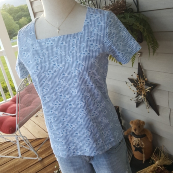 LIZ CLAIBORNE ♡ Sweet Vintage Blue|White Floral Box Pattern Short Sleeve Top SP - Picture 6 of 16